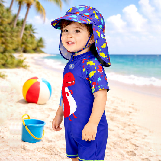 Blue Red Dino, Toddlers & Kids Swimwear with long Cap Free Wash Bag & Free Swim Detergent - Little Surprise Box