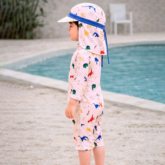 White Dotted Dino World, Toddlers & Kids Swimwear with long Cap Free Wash Bag & Free Swim Detergent - Little Surprise Box