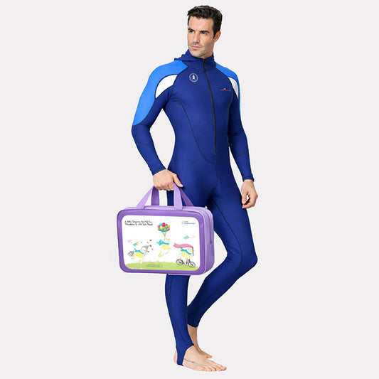 Full-Length Navy Blue Hood & Stirrup Foot Loop, Teens and Mens Swimwear in UPF 50+ with Free Washbag - Little Surprise Box