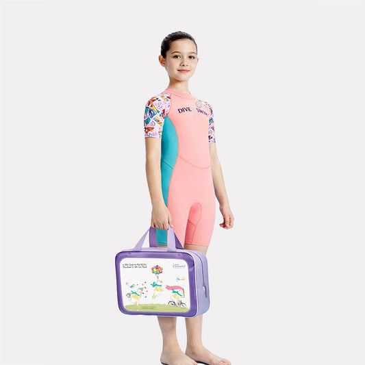 Pink Multi-Color Toy Play Printed, Half Sleeves, Knee Length Kids Swimwear in Upf 50+ Fabric with Swim Cap & Free Washbag -