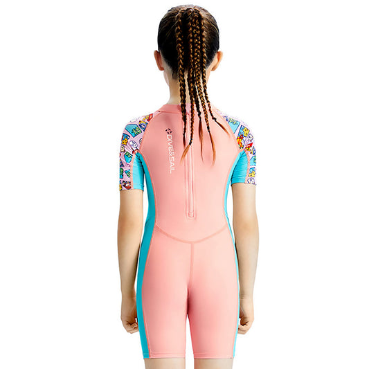 Pink Multi-Color Toy Play Printed, Half Sleeves, Knee Length Kids Swimwear in Upf 50+ Fabric with Swim Cap & Free Washbag -