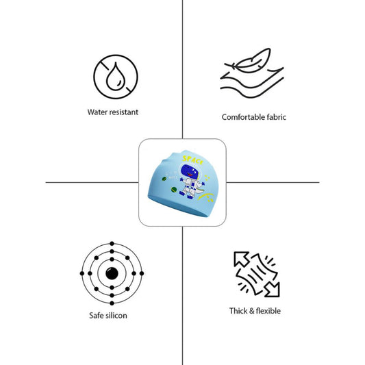 Blue Astro Dino, Silicone Kids Swim Cap, 4 years - 10 years - Little Surprise Box