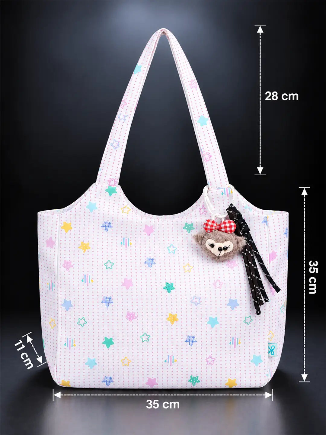 Pink Stars Print Tote Bag with Monkey Keychain