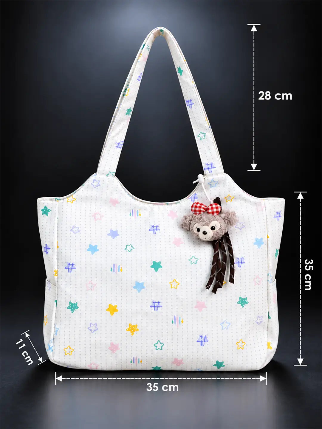 White Stars Print Tote Bag with Monkey Keychain