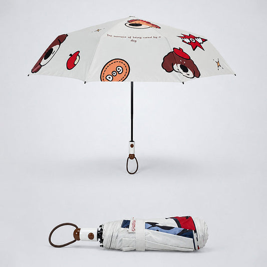 3 Fold White Puppy & Apple, Auto Open & Close Rain & Sun Dual Umbrella for Teens & Adults