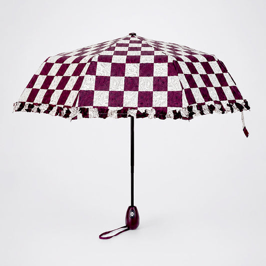 3fold Brown Frills and Checks Printed Umbrella for Teens & Adults