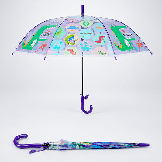 Transparent Croc Dino Panel Purple Handle Printed Umbrella for Kids-3-6Y
