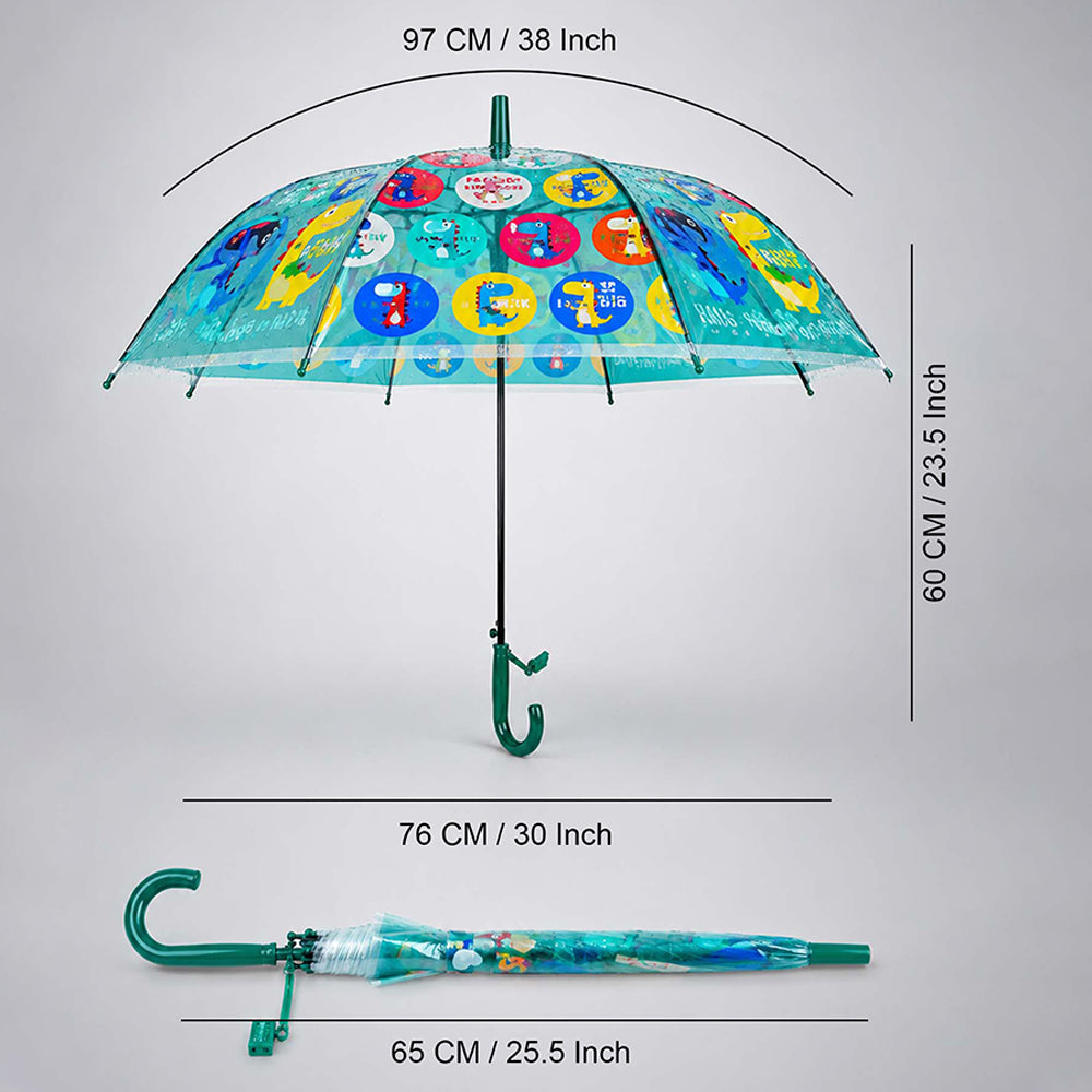 Transparent Dual Dino Panel Green Handle Printed Umbrella for Kids-3-6Y
