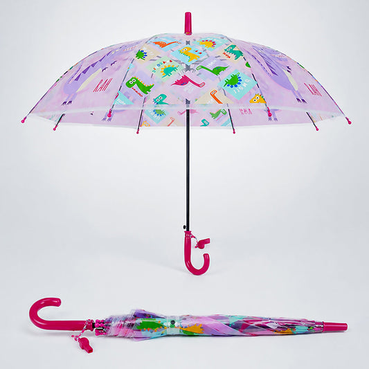 Transparent Dino Panel Pink Handle Printed Umbrella for Kids-3-6Y