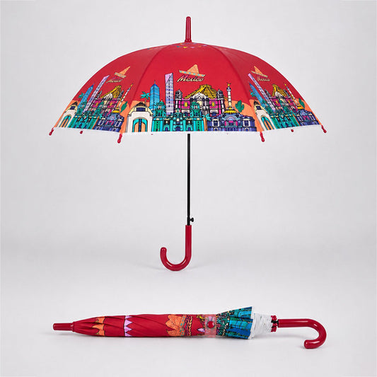 Maroon Mexico Landmark Print Umbrella for Teens & Adults
