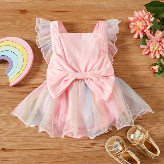 Baby Girl Rainbow Tulle Romper Dress – Pink