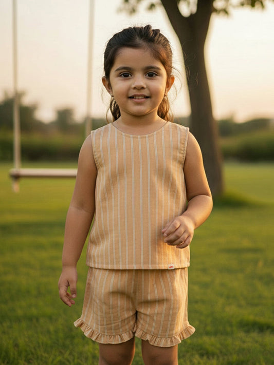 Classic Striped Coord Set for Girls (Beige)