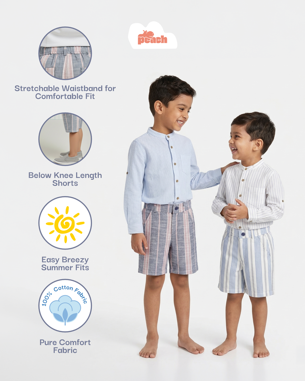 Long Summer Shorts Striped Shorts for Boys (Blue and Pink)