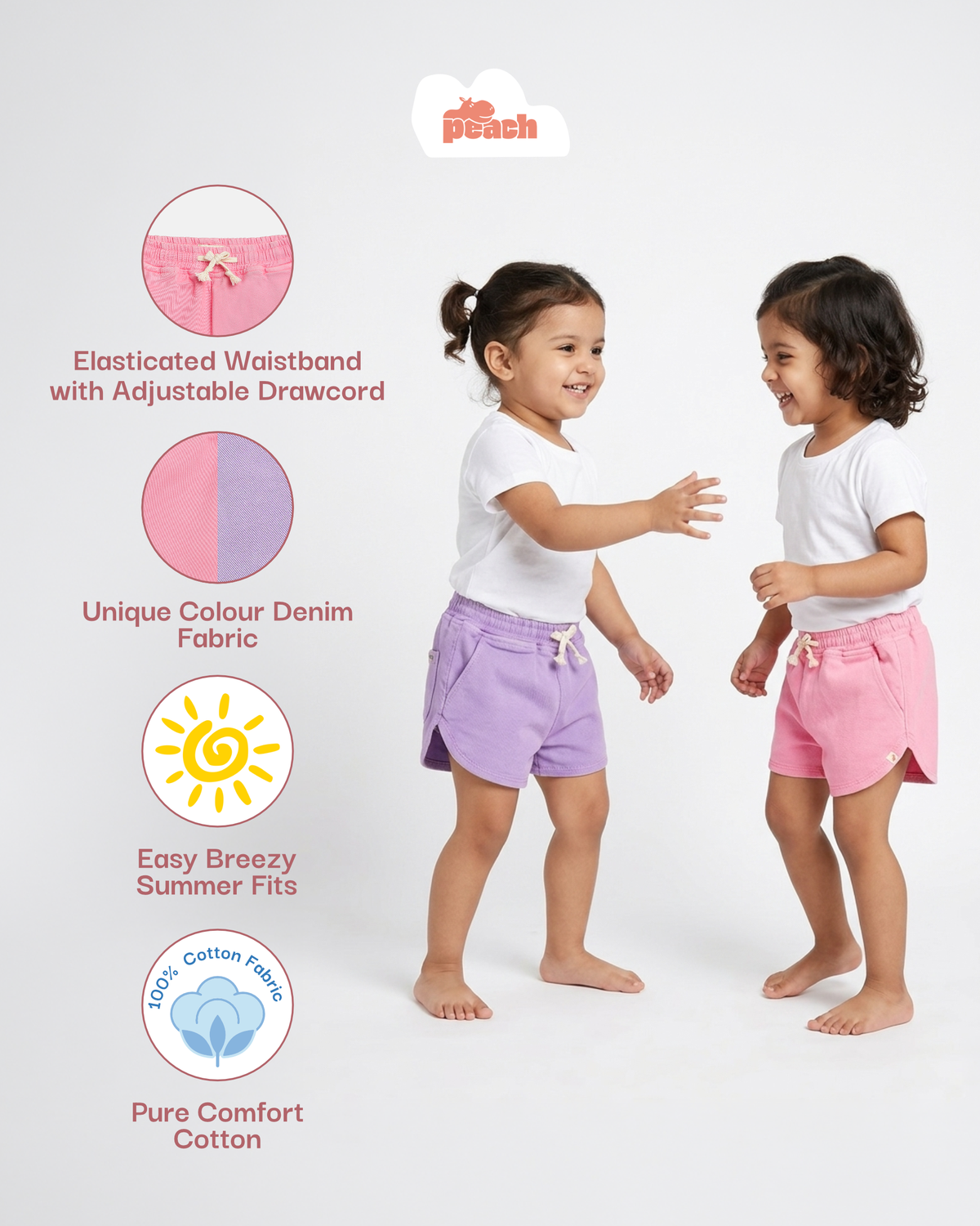 Pastel Pop 100% Cotton Denim Shorts for Girls (Pink)