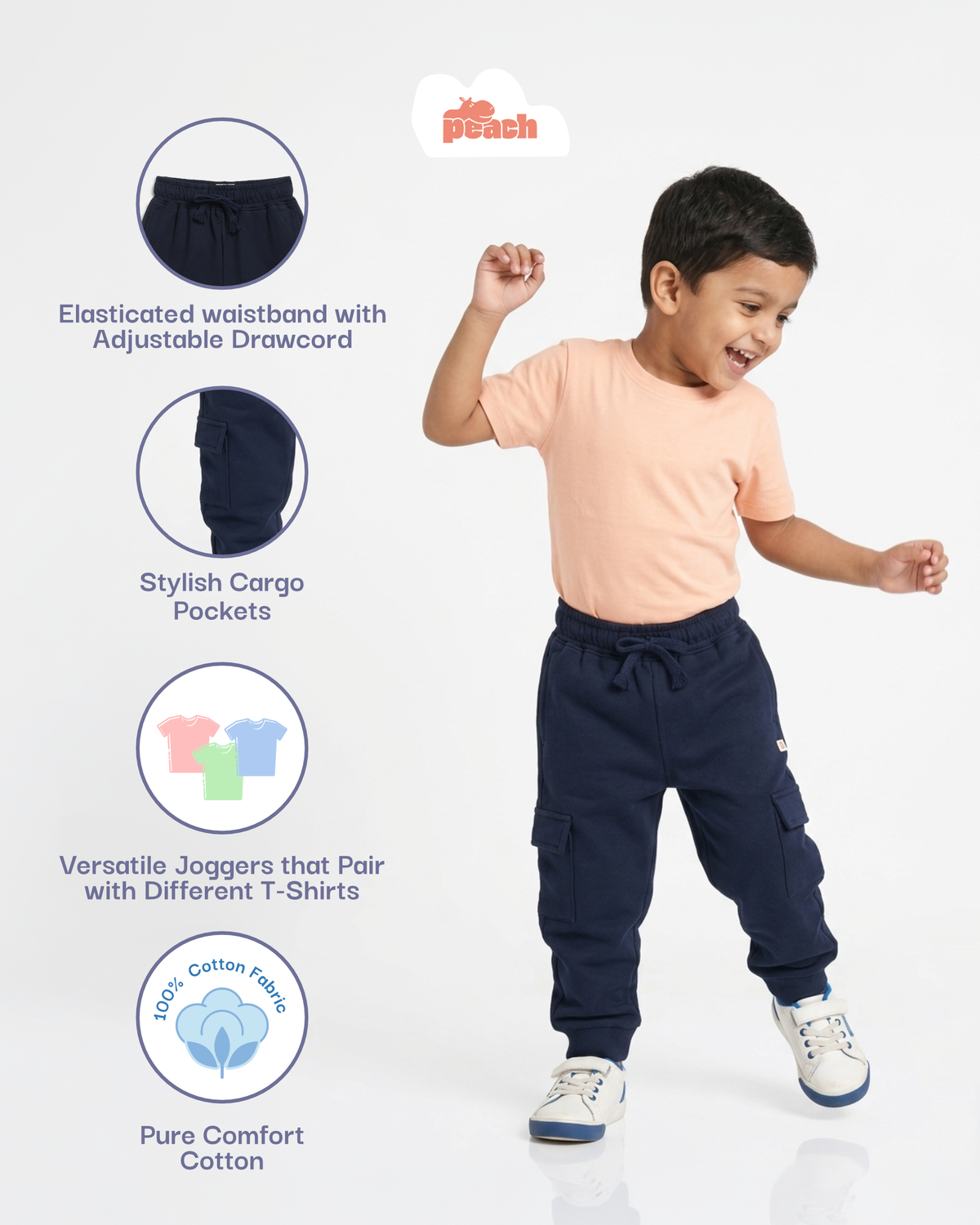 Navy Blue 100% Cotton Cargo Joggers
