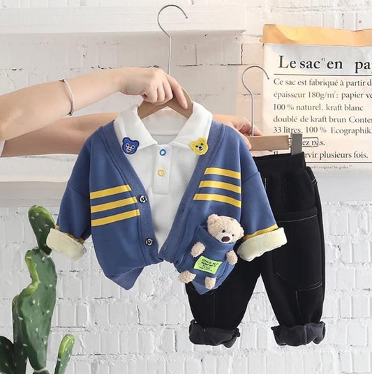 Baby Boy Full Fleece Jacket Set With Matching T-Shirt,Pants & Teddy Bear
