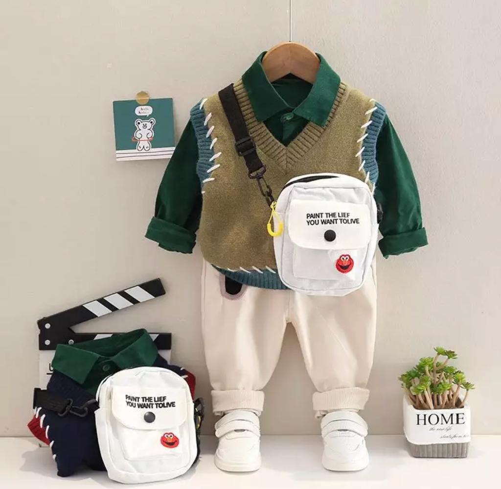 Baby Boy Formal Print Shirt Pants & Sweater Set With Side Bag