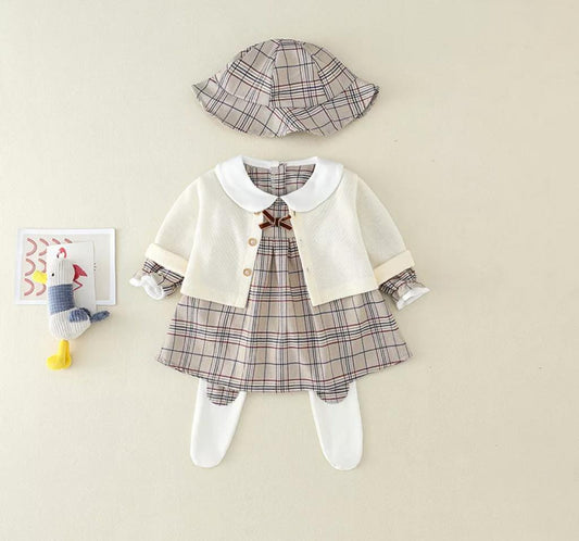 Baby Girl Burberry Romper & Sweater Set With Matching Hat