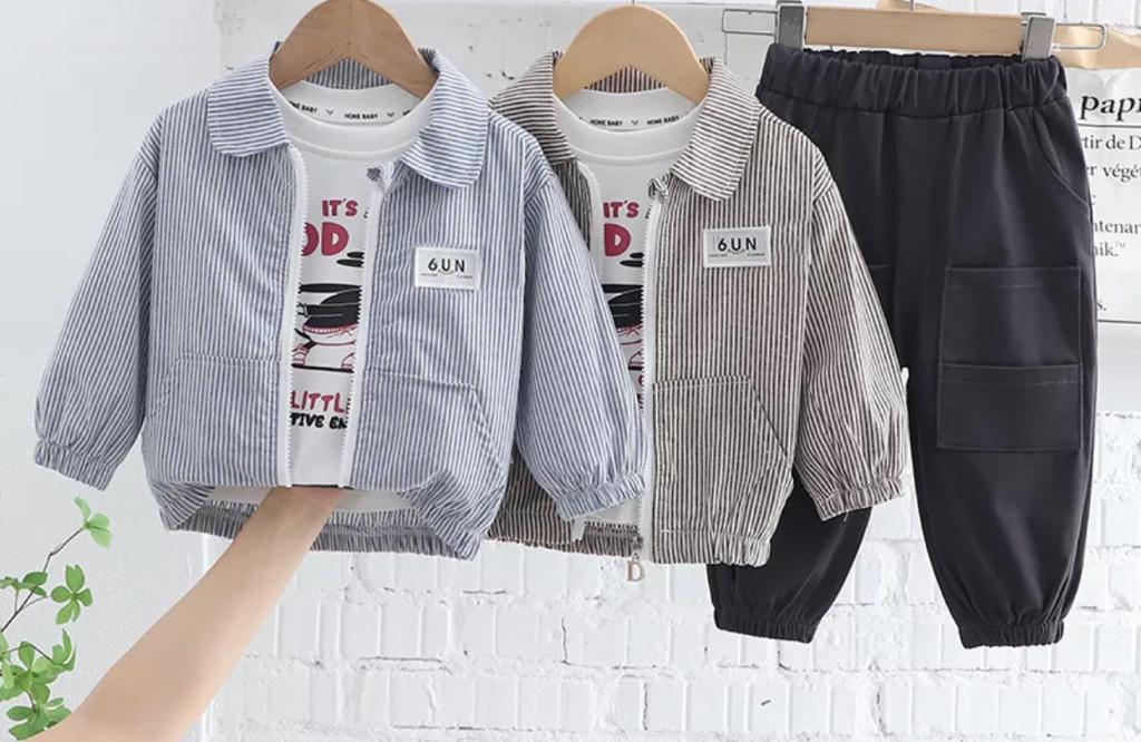 Baby Boy Casual Stripped Zipper And T-Shirt Set With Matching Pants