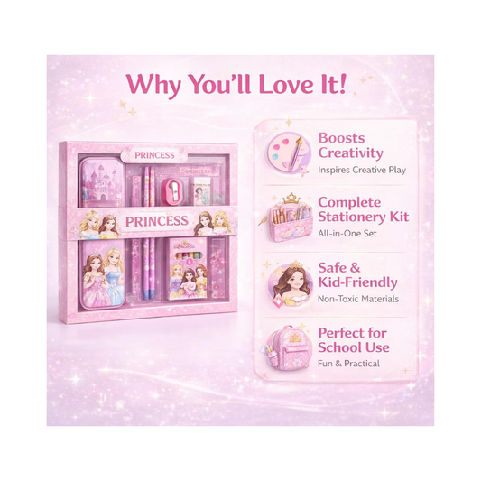 iLearnNGrow Princess Theme Stationery Rakhi Combo – Princess Pencil Box Set with Castle Rakhi for Kids