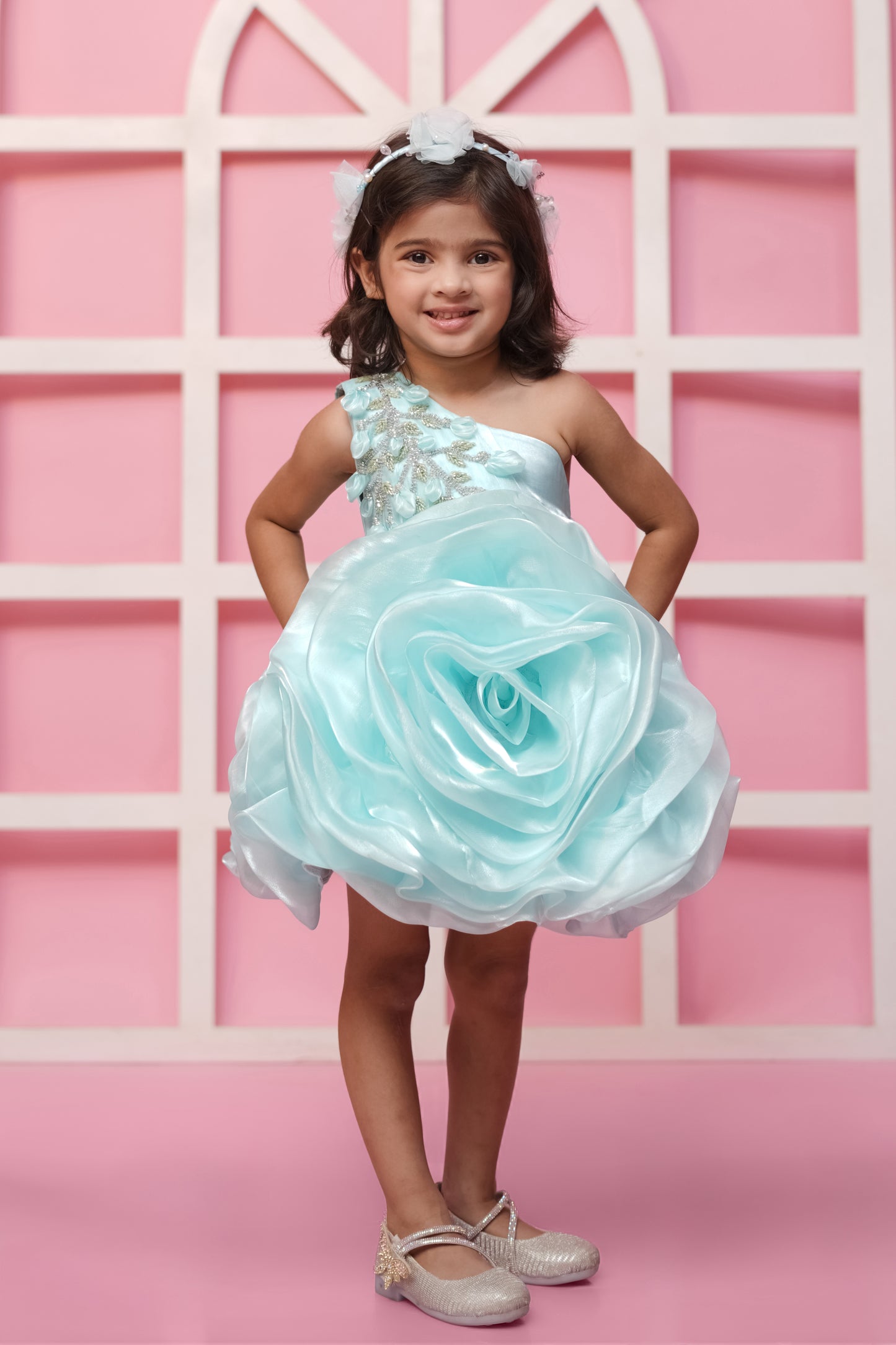 Green Flower Dress With Silver Embellished Hand Embroidery