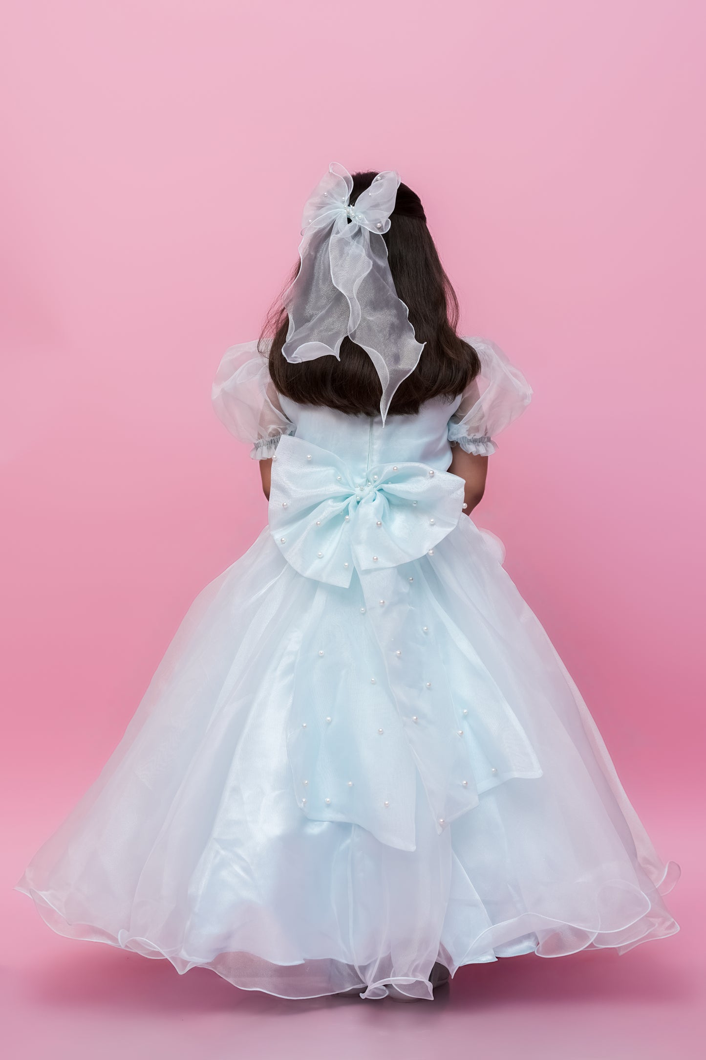 Sky Blue Organza Gown With Puff Sleeves