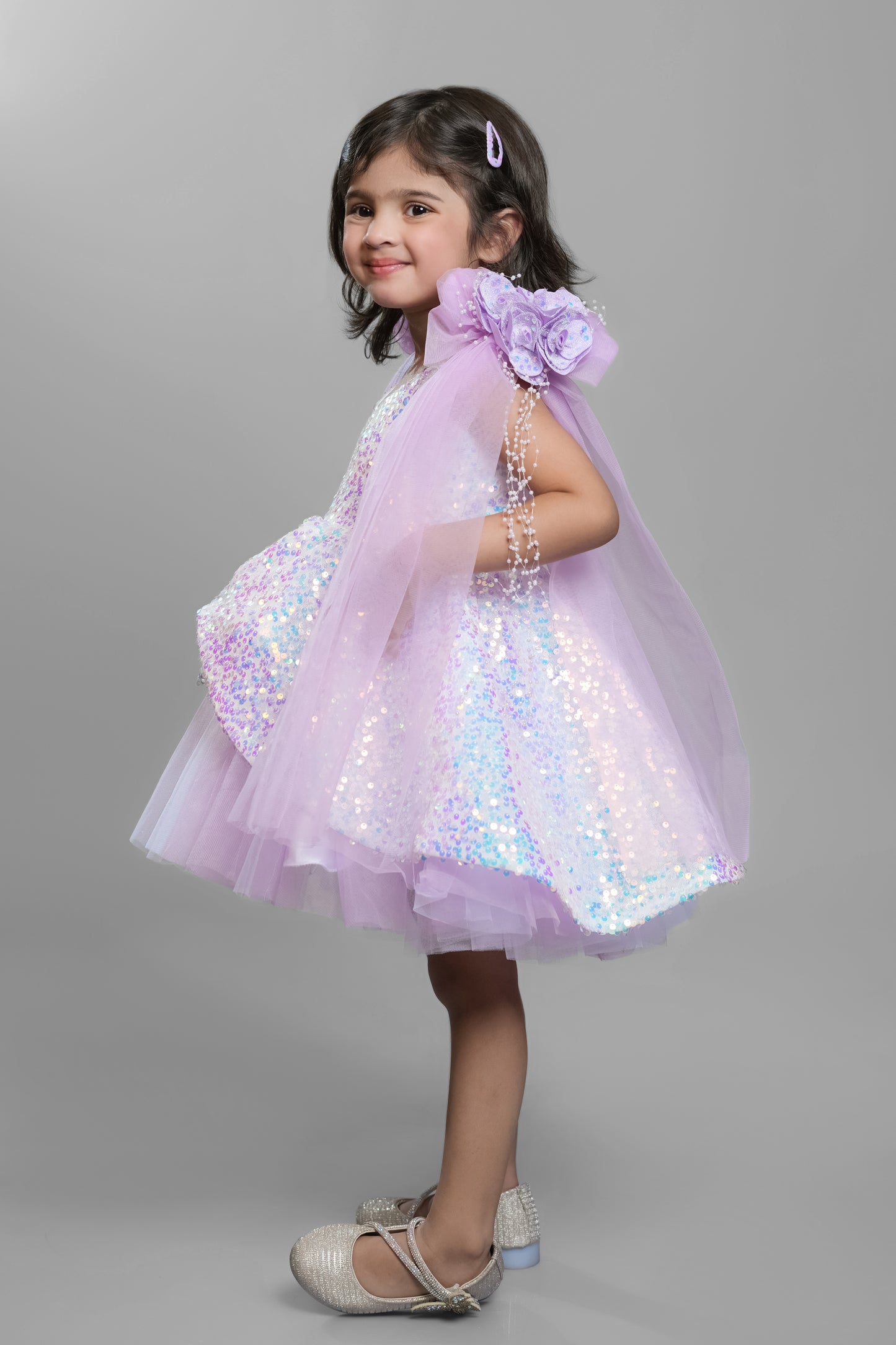 Mauve Sequin Dress With Shoulder Bow