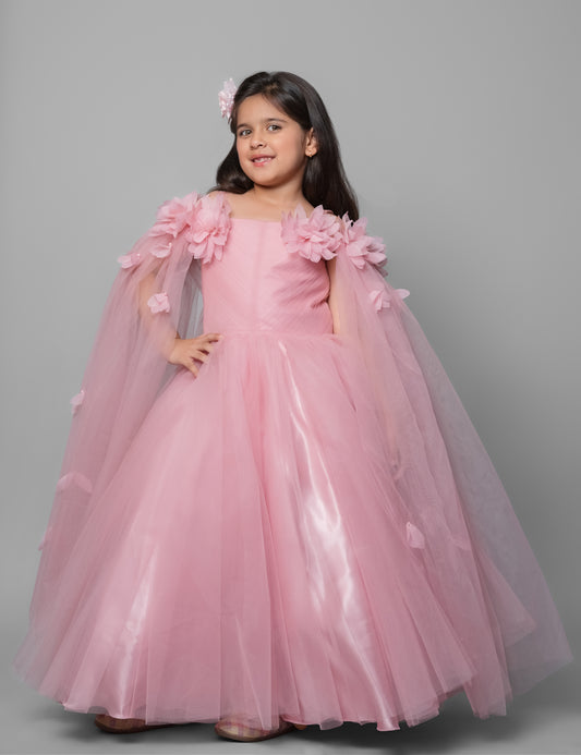 Pink Flared Gown With Handmade Flower And Flowing Open Sleeves