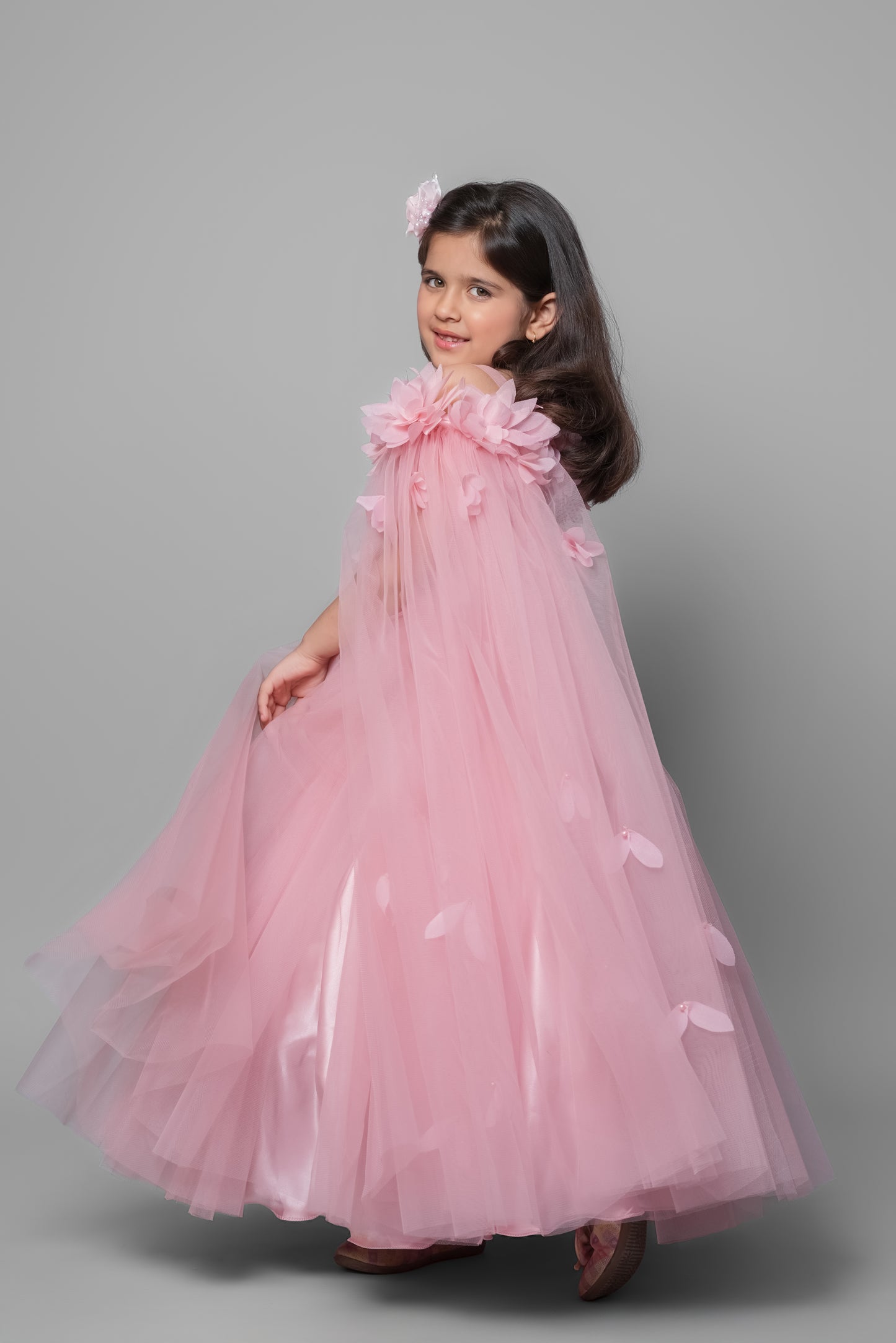 Pink Flared Gown With Handmade Flower And Flowing Open Sleeves