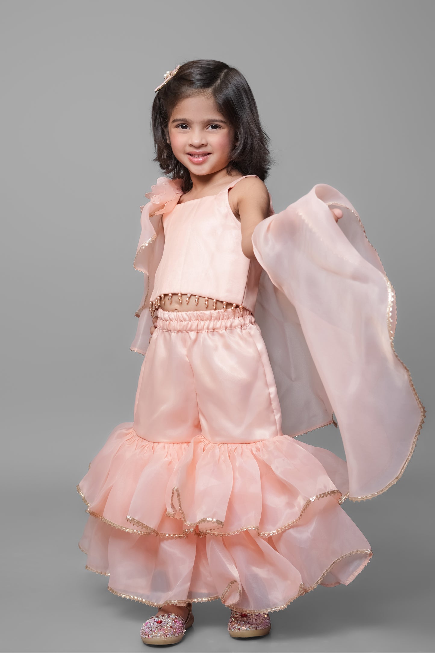 Peach Gharara With Flower Dupatta
