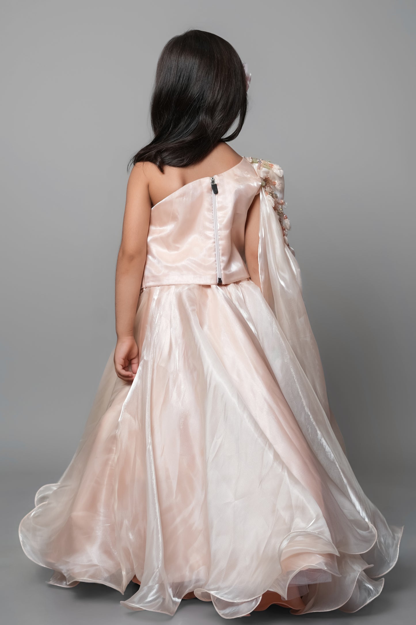 Peach Lehenga Set With Embroidery And Handmade Flower Embellishment