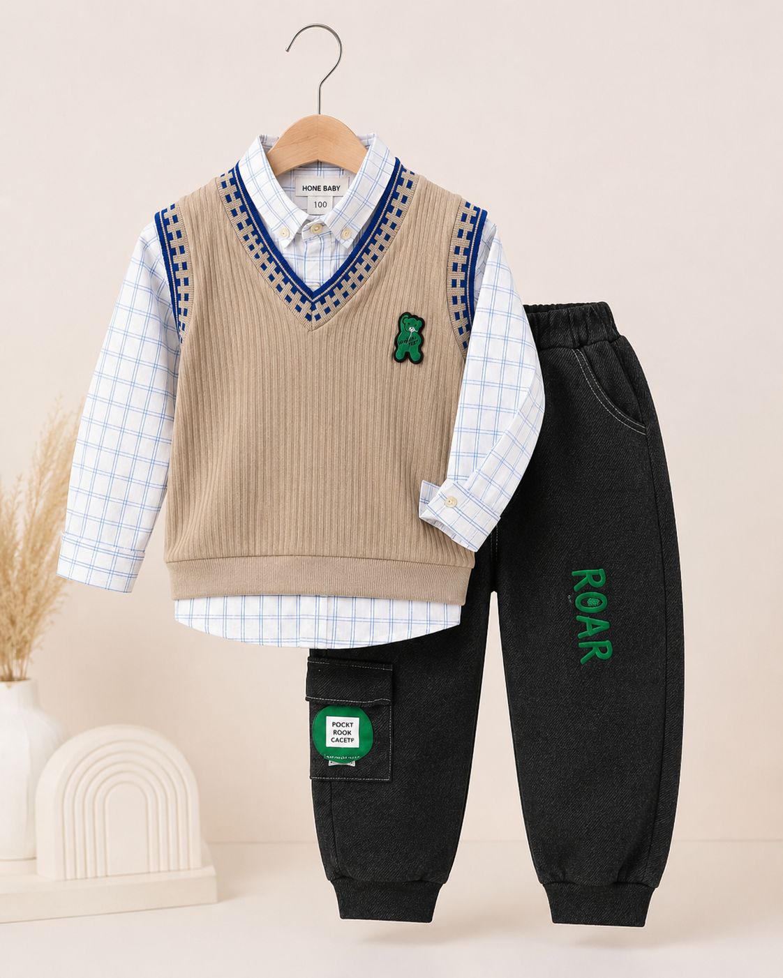 Baby Boy Check Print Shirt Pants & Sweater Set