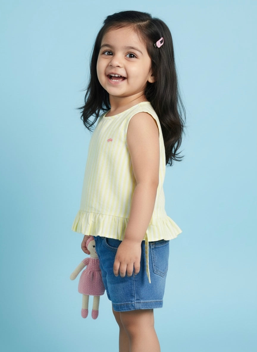 Yellow Pop and Bow Sleeveless Top for Girls