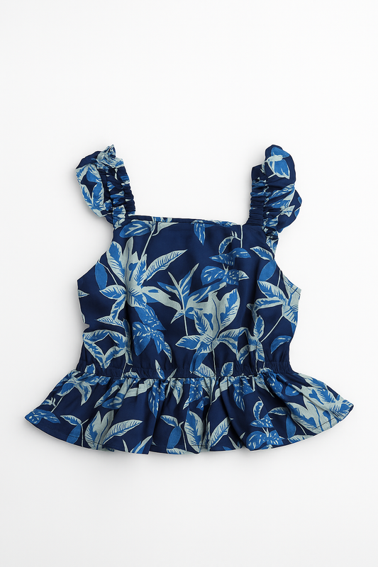Tropical Twilight Flutter-Shoulder Top & Blossom Shorts Set