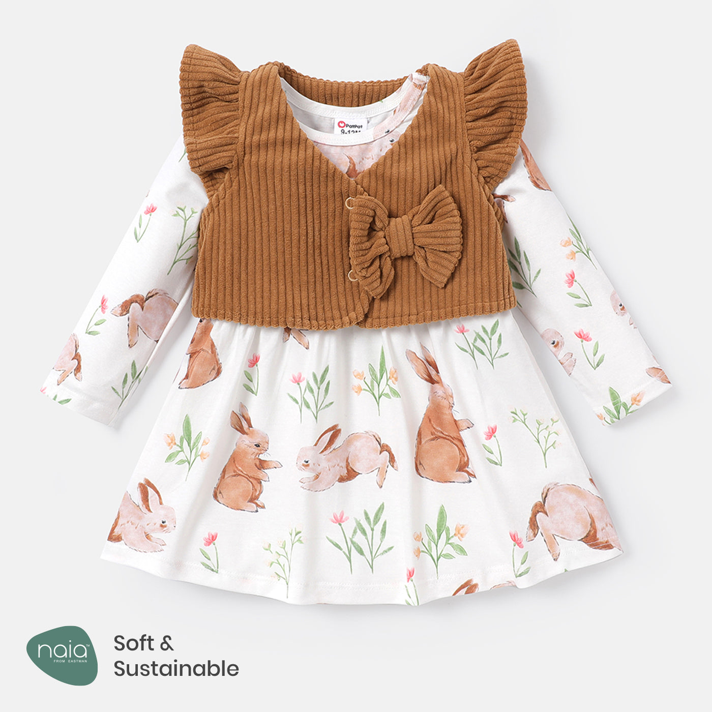rabbit printed frock with half corduroy jacket Brown Dresses for kids