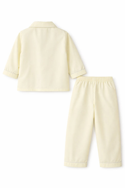 Premium Cotton Striped Kids Nightsuit Set with Butterfly Patch – Cream Yellow
