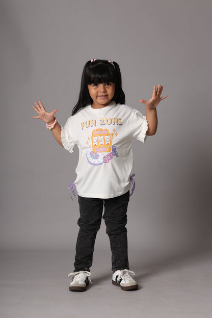 ELIZA Bamboo Graphic T-Shirt – Fun Zone Print Girls Tee with Bow Detail