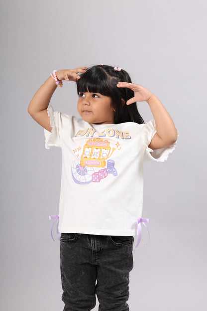 ELIZA Bamboo Graphic T-Shirt – Fun Zone Print Girls Tee with Bow Detail