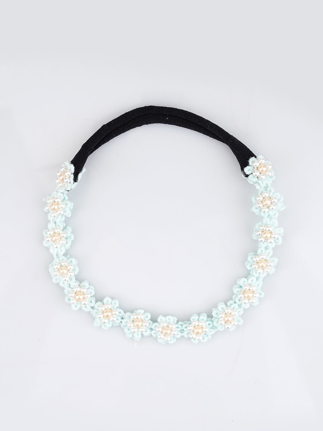 Choko Soft Blue Floral Beaded Hair Band - Graceful Blooms - Blue with Cream and White Pearls