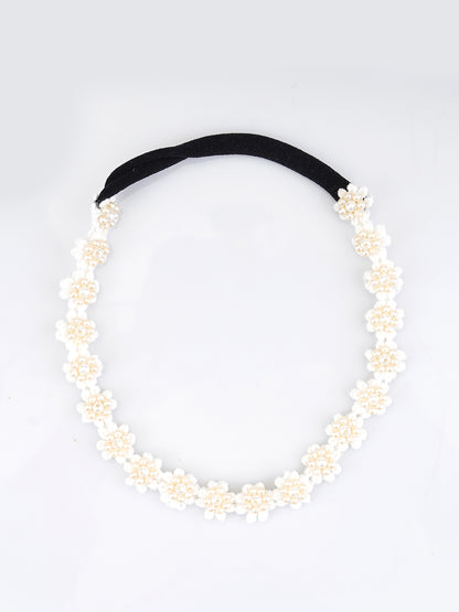 Choko White Floral Beaded Hair Band - Pearl Blossom - White with Cream and White Pearls