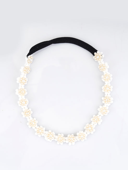 Choko White Floral Beaded Hair Band - Pearl Blossom - White with Cream and White Pearls