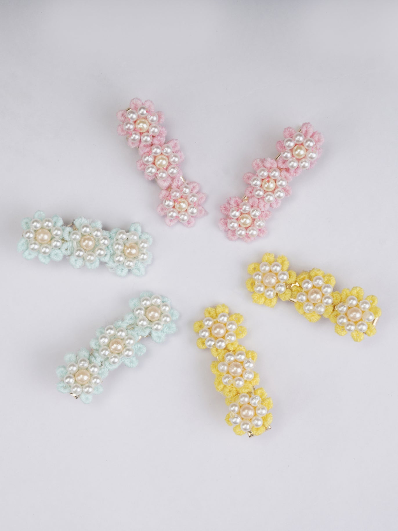 Choko Set of 6 - Flowery Cotton and Pearl Hairclip Set - 3 Pairs (Baby Pink, Soft Blue, Yellow)