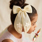 Choko Lemony Organza Bow Alligator Hairclip - Cotton Flower and Pearl Embellishments