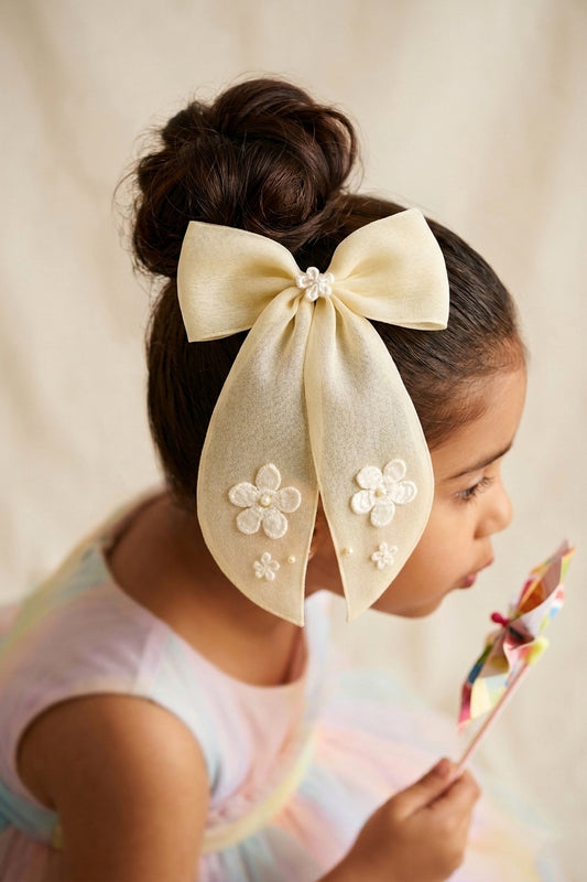 Choko Lemony Organza Bow Alligator Hairclip - Cotton Flower and Pearl Embellishments