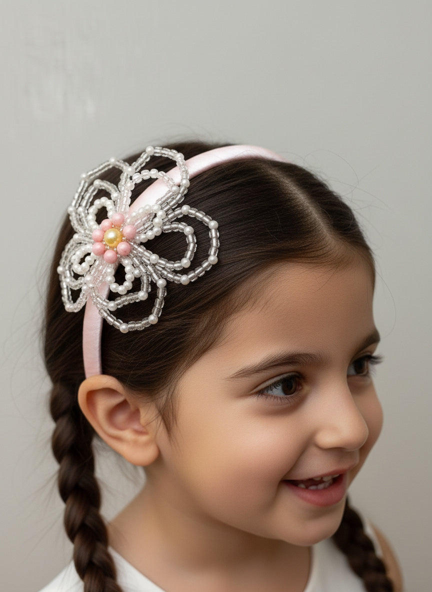 Choko Blue Floral Beaded Hairband with Pearls - Pink, Off White