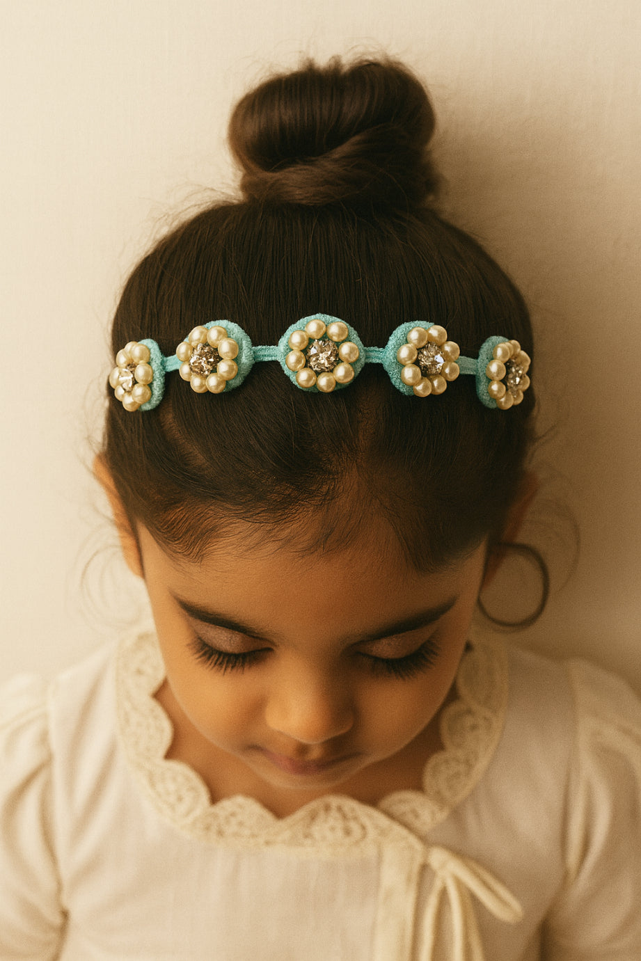 Choko Beaded Floral Pearl Hairband Hair Accessory with Rhinestones and Flowers for Girls - Blue