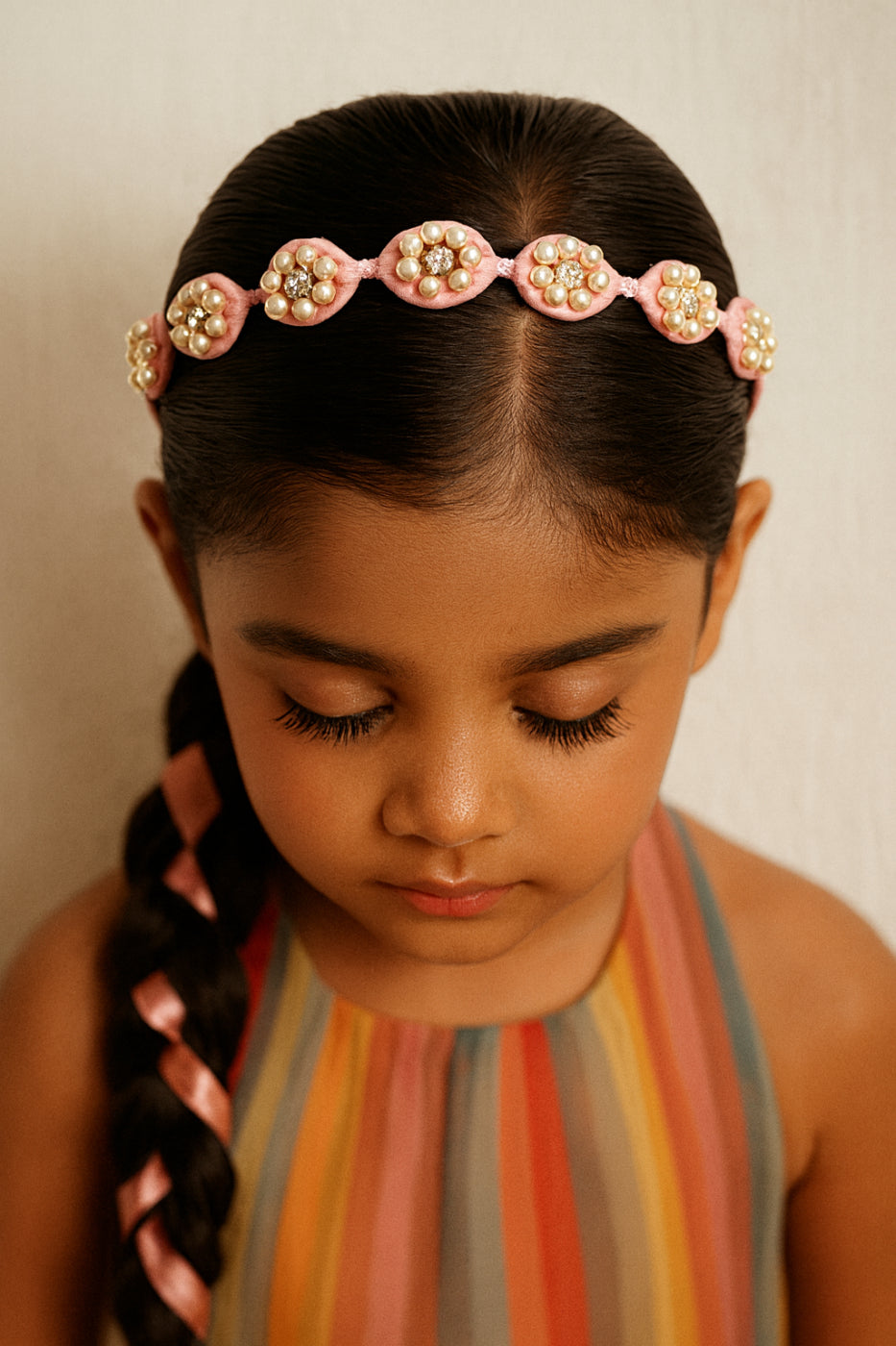 Choko Beaded Floral Pearl Hairband with Pearly Flowers and Elegant Touch for Girls - Light Pink