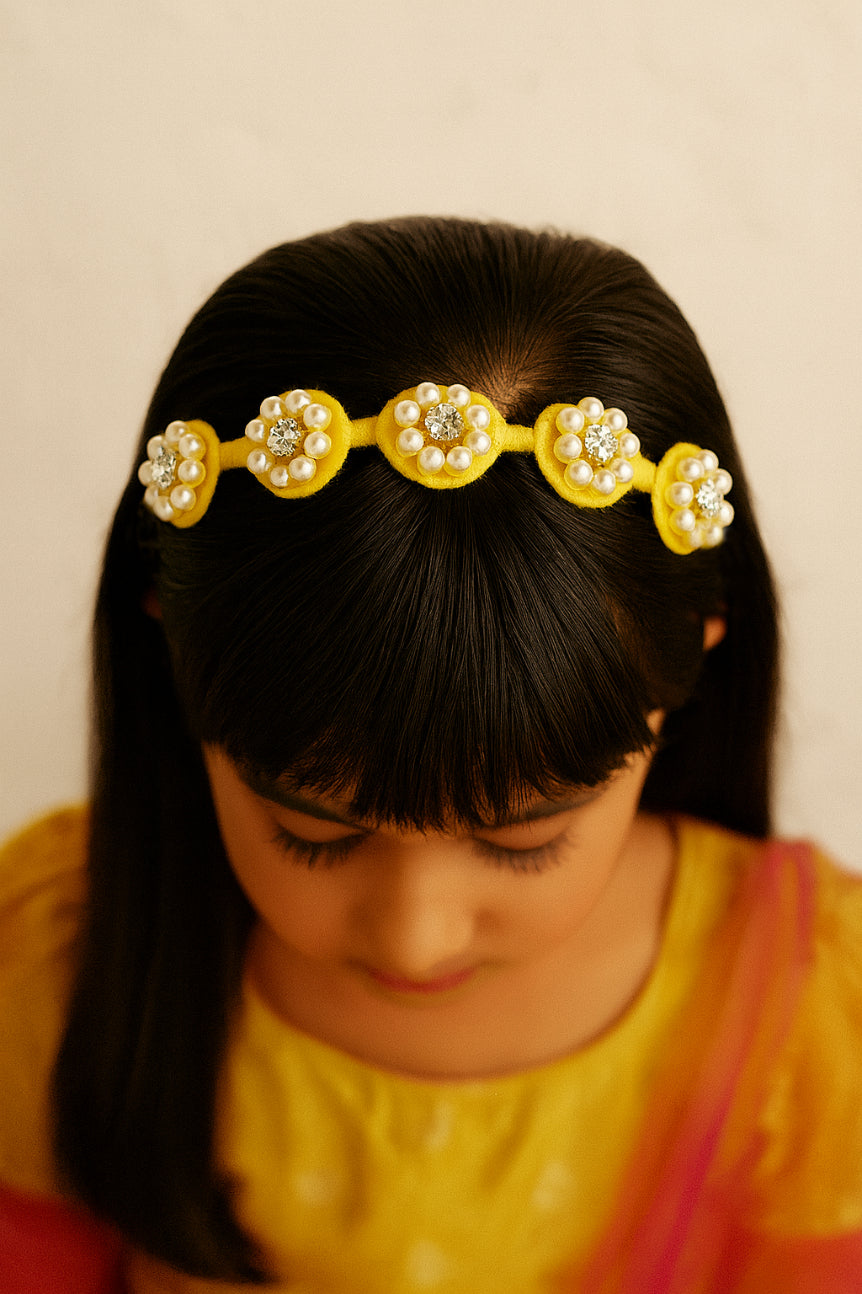 Choko Beaded Floral Pearl Hairband with Sunny Pearl Flowers and Cheerful Style for Girls - Yellow