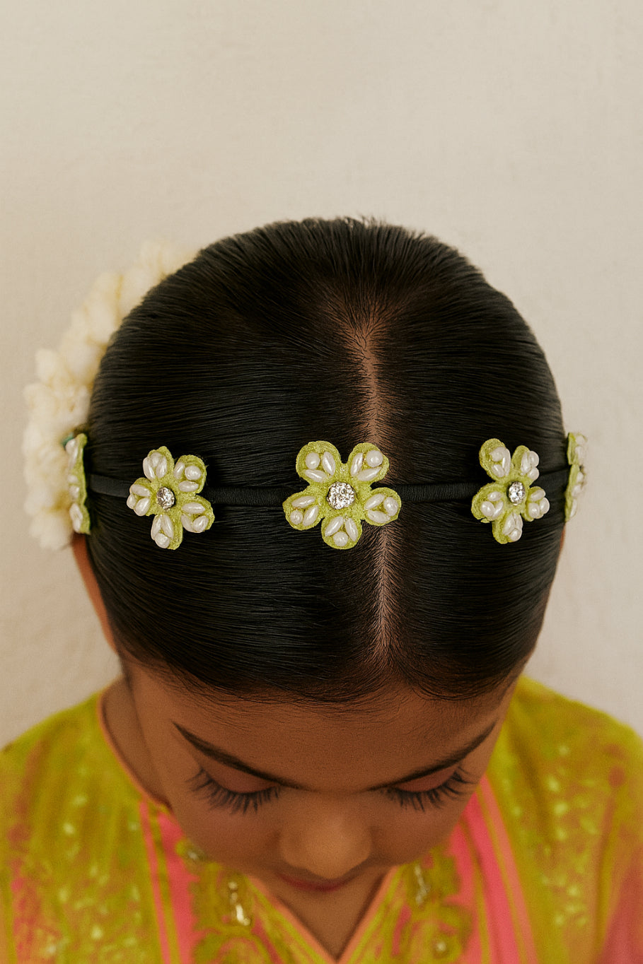 Choko Beaded Floral Hairband Hair Accessory with Pearly Details & Spring Charm for Girls - Green