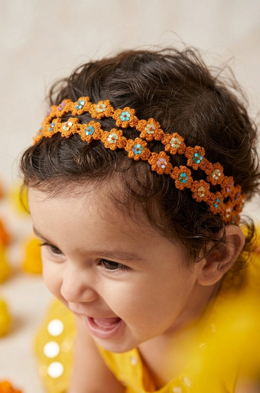 Choko Floral Sequin Crochet Hairband Handcrafted with Cheerful Crochet Flower for Girls - Orange